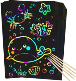 RMJOY Scratch Rainbow Art Paper Set - 50Pcs Magic Scratch Off Art Craft Supplies Kits For Kids Girls Boys Black Scratch Notes Sheet Doodle Pad For Fun DIY Toy Party Favours Game Christmas Birthday Gift