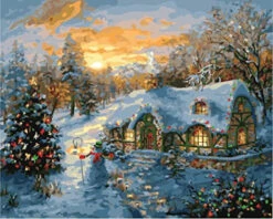 CaptainCrafts New DIY Paint By Numbers 16x20 For Adults Beginner Kit, Kids LINEN Canvas - Forest House Christmas Morning (Frameless)