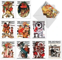 10 Assorted 'Christmas Evening Post' Note Cards With Envelopes 10cm X 13cm , Blank Holiday Greeting Cards With Iconic Saturday Evening Post Covers, Stationery For Xmas, New Year, Gifts M6037