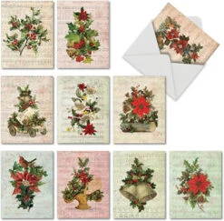 Holly Notes - 10 Assorted Blank Christmas Cards With Envelopes (10cm X 13cm ) - Boxed Greeting Card Set With Vintage Poinsettias, Holly, And Ivy - Stationery For Holidays, New Year M6650XSB
