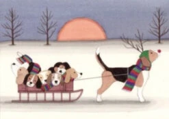 Christmas Cards: Sled Ride With Beagle Family / Lynch Folk Art