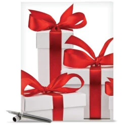 Oversized 'Season's Surprises Presents' Merry Christmas Holiday Card With Envelope (Letterhead 22cm X 28cm ) - Extra Large White Gift With Red Bow - Stationery Greeting Card #J6025HXSG