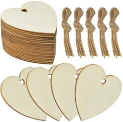 Obmwang 50 Pieces 7.6cm Natural Heart Wood Slices, DIY Wooden Ornaments Unfinished Predrilled Wooden Heart Embellishments With Natural Twine For Wedding,Thanksgiving,Christmas, Valentine